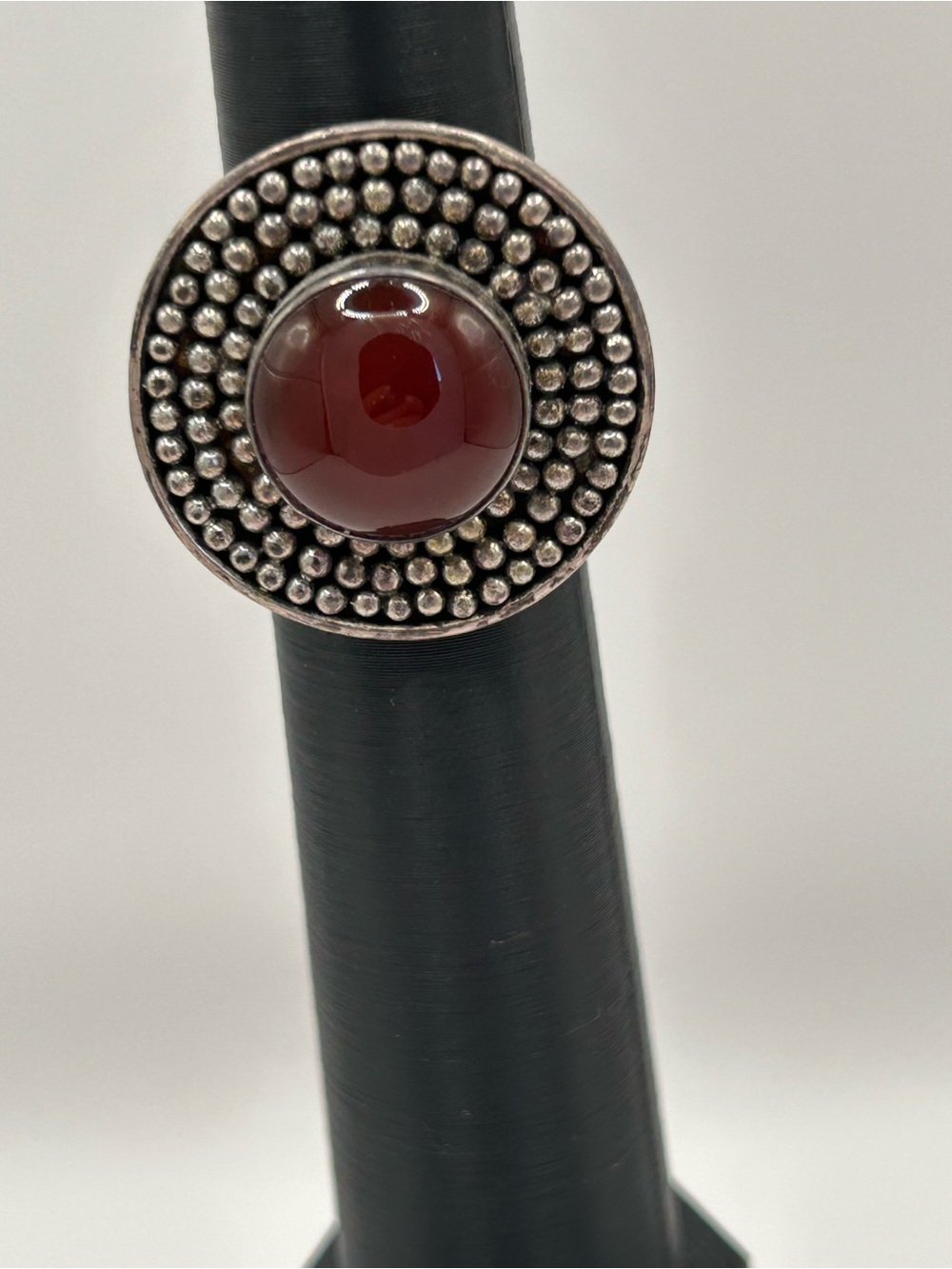 Vintage Round Red Cabochon Sterling Silver Beaded Ring